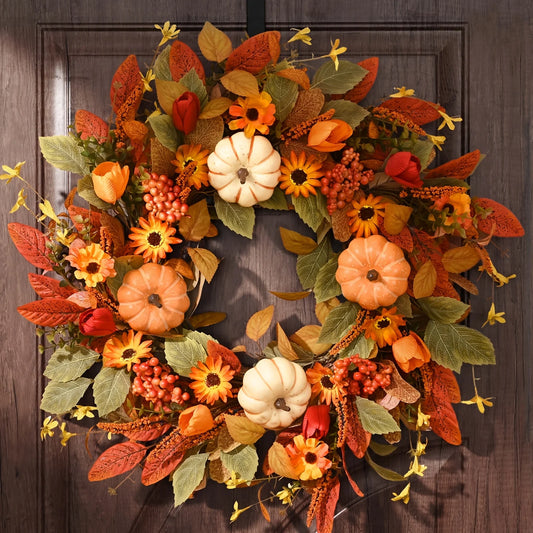 WAIPFARU Autumn Pumpkin Wreath for Front Door and Harvest Decor