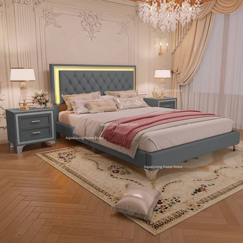 Modern Upholstered Bedroom Set With LED Platform Bed And Nightstands