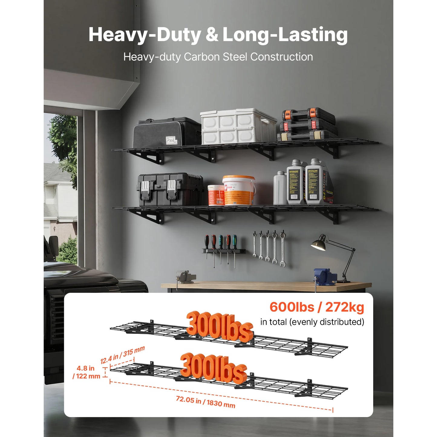 SucceBuy 2-Tier Wall Garage Shelving Unit 600 Lb Capacity