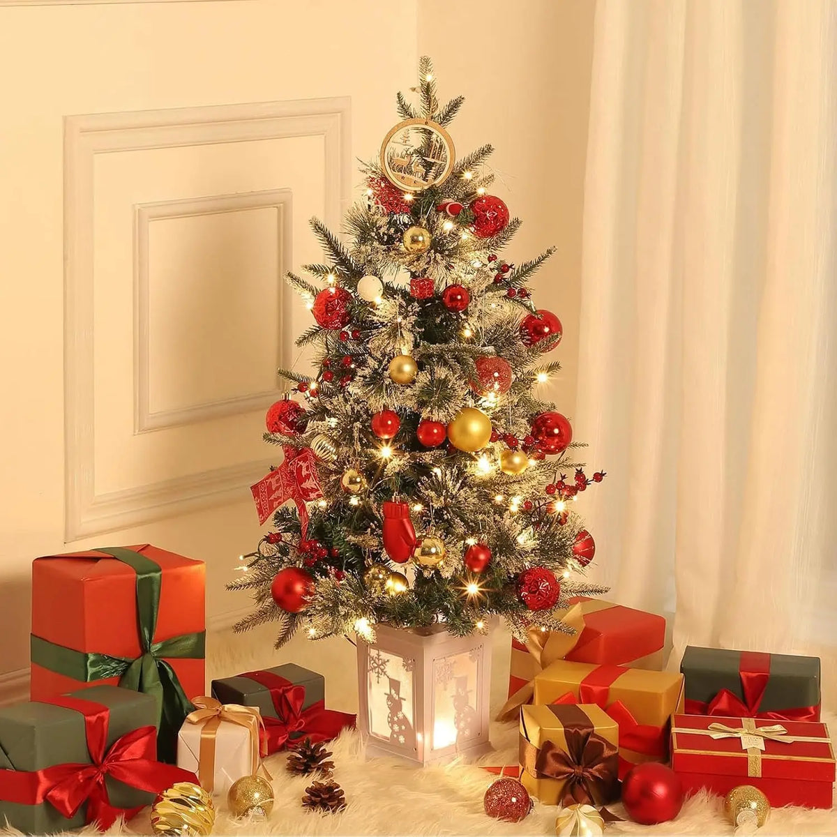 HiMISS Two Piece Prelit Flocked Christmas Trees With Potted Bases