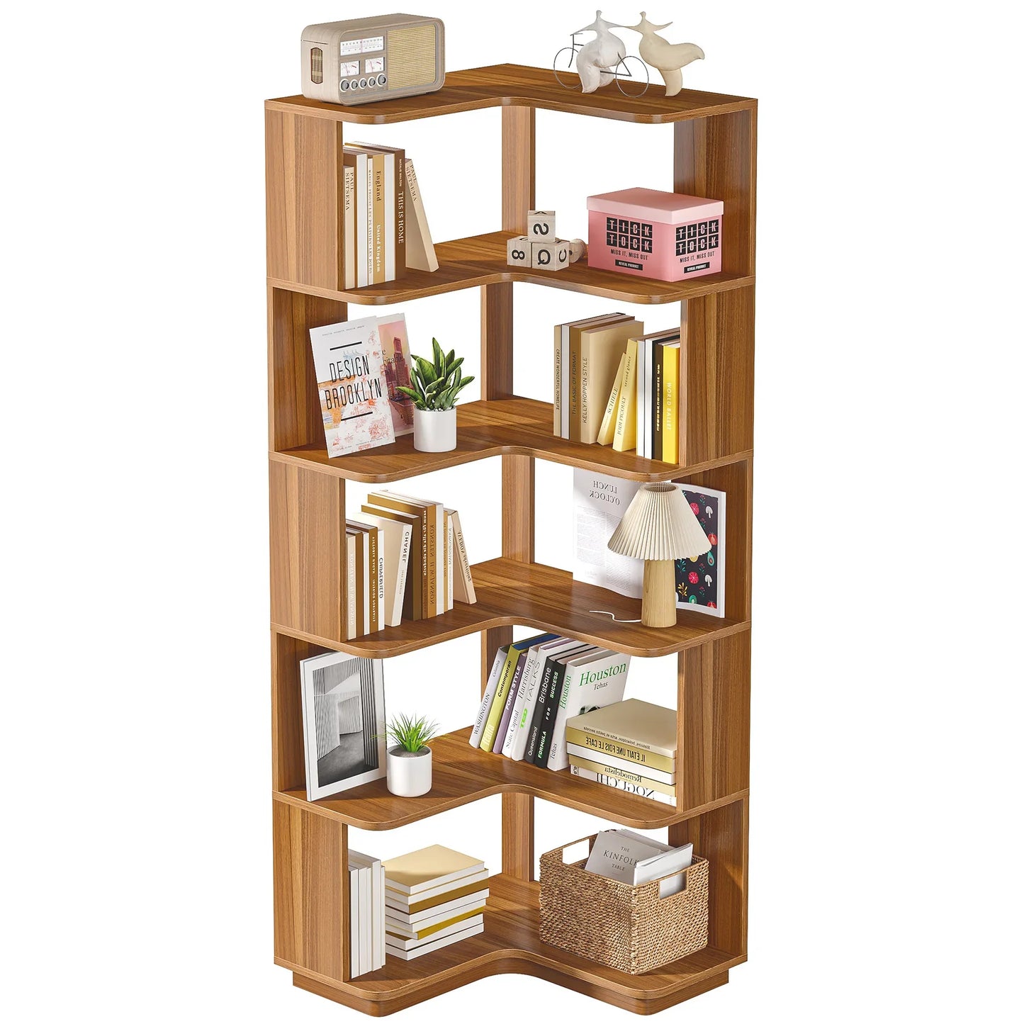 Tribesigns Six Tier Corner Bookshelf With Anti Drop Panel Wood Grain