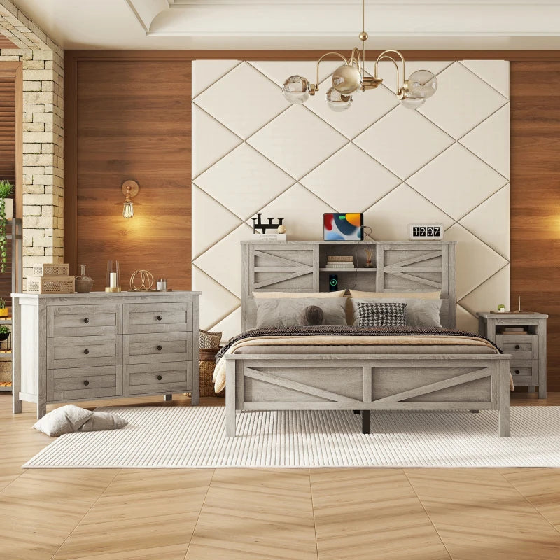 Farmhouse Platform Bed With Double Sliding Door Storage Charging Station