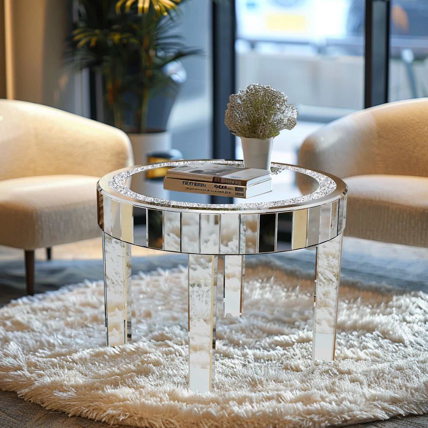 Wisfor Round Mirrored Accent Table Crystal Mirror Legs Diamond Edge