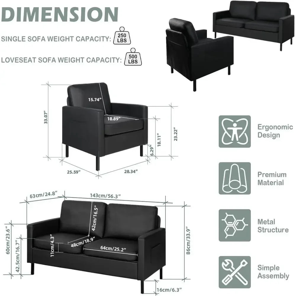 3 Piece Living Room Set Sofa Loveseat Chair USB Ports