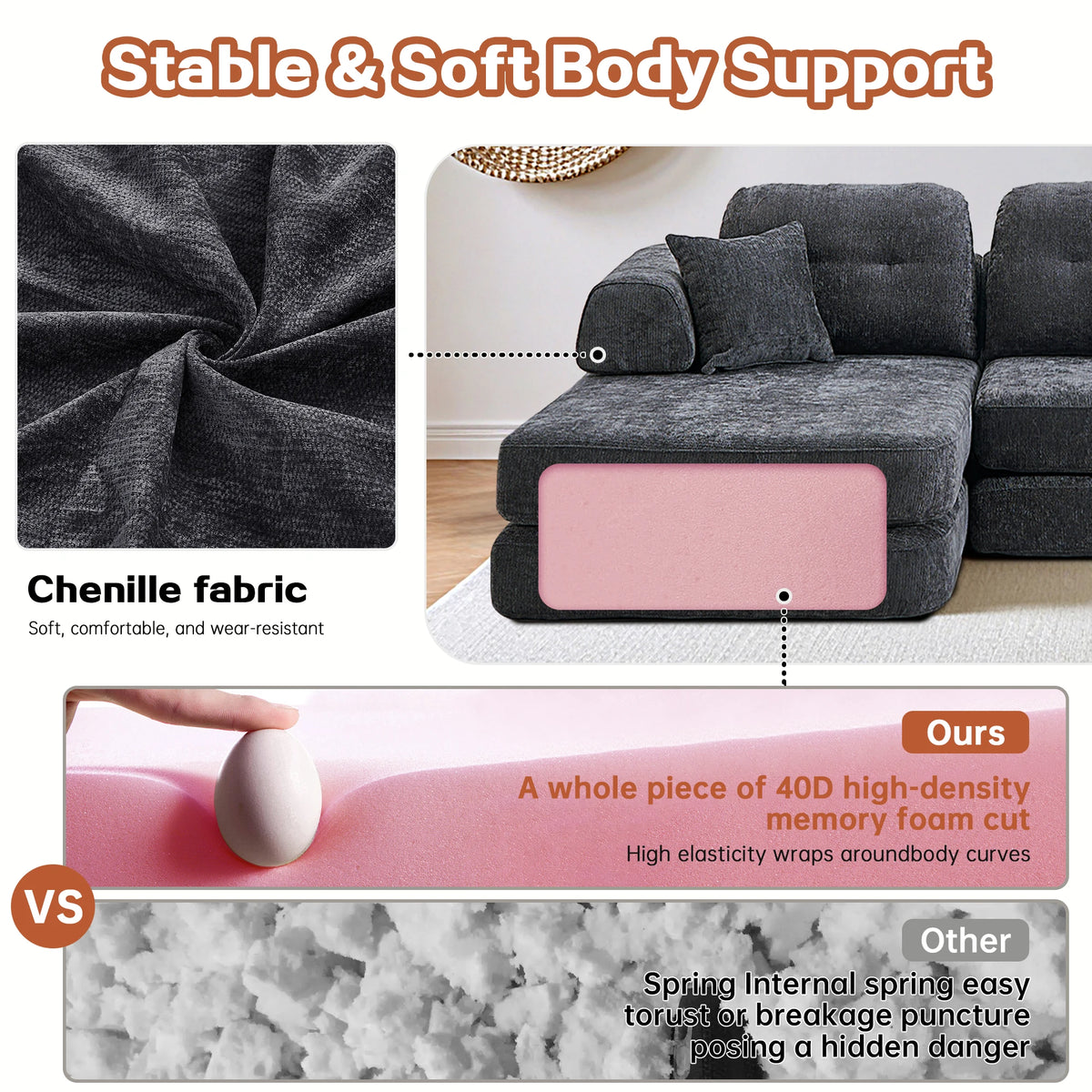 Boneless Foldable Convertible Chenille Futon Sleeper Sofa With Chaise