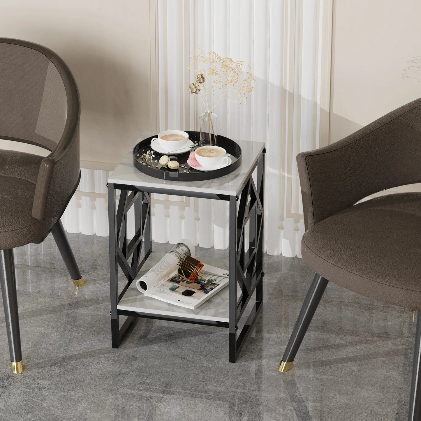 White Marble Top Side Table With Black Coated Frame