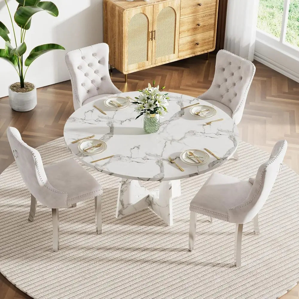 Ticify Marble Round Armhouse Dining Table Set For Four