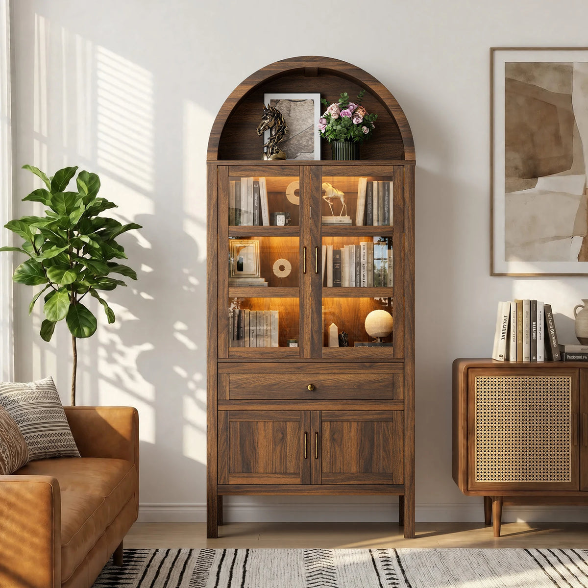 Cottinch Arched Storage Cabinet Adjustable Shelves Dimmable LED Lights