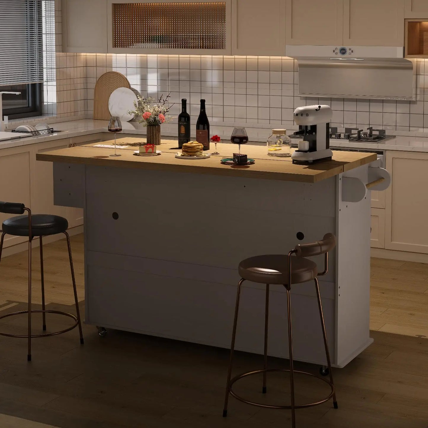 ONBRILL Mobile Kitchen Island With Drop Leaf Power Outlet Towel Rack