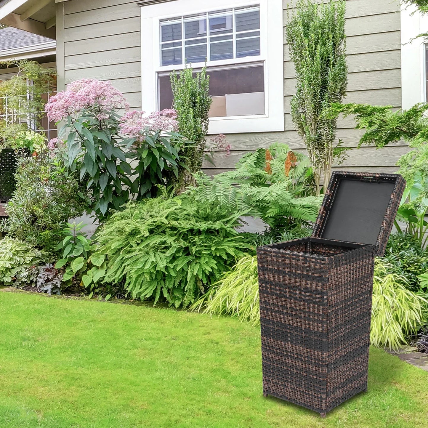 Iron Frame Rattan Trash Can With Top Cover For Garden Yard