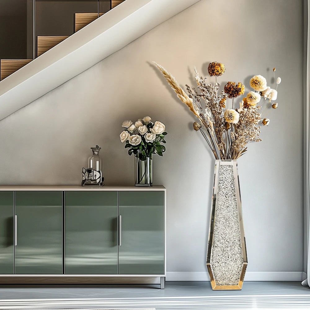 Luxury Crushed Diamond Mirrored Glass Floor Flower Vase