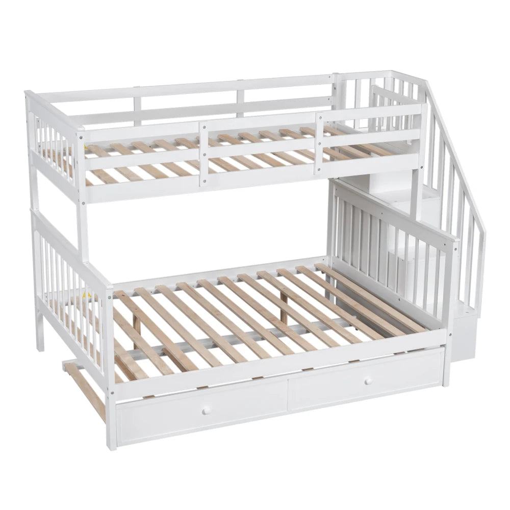 Twin Over Full Bunk Bed With Trundle Storage And Guardrail
