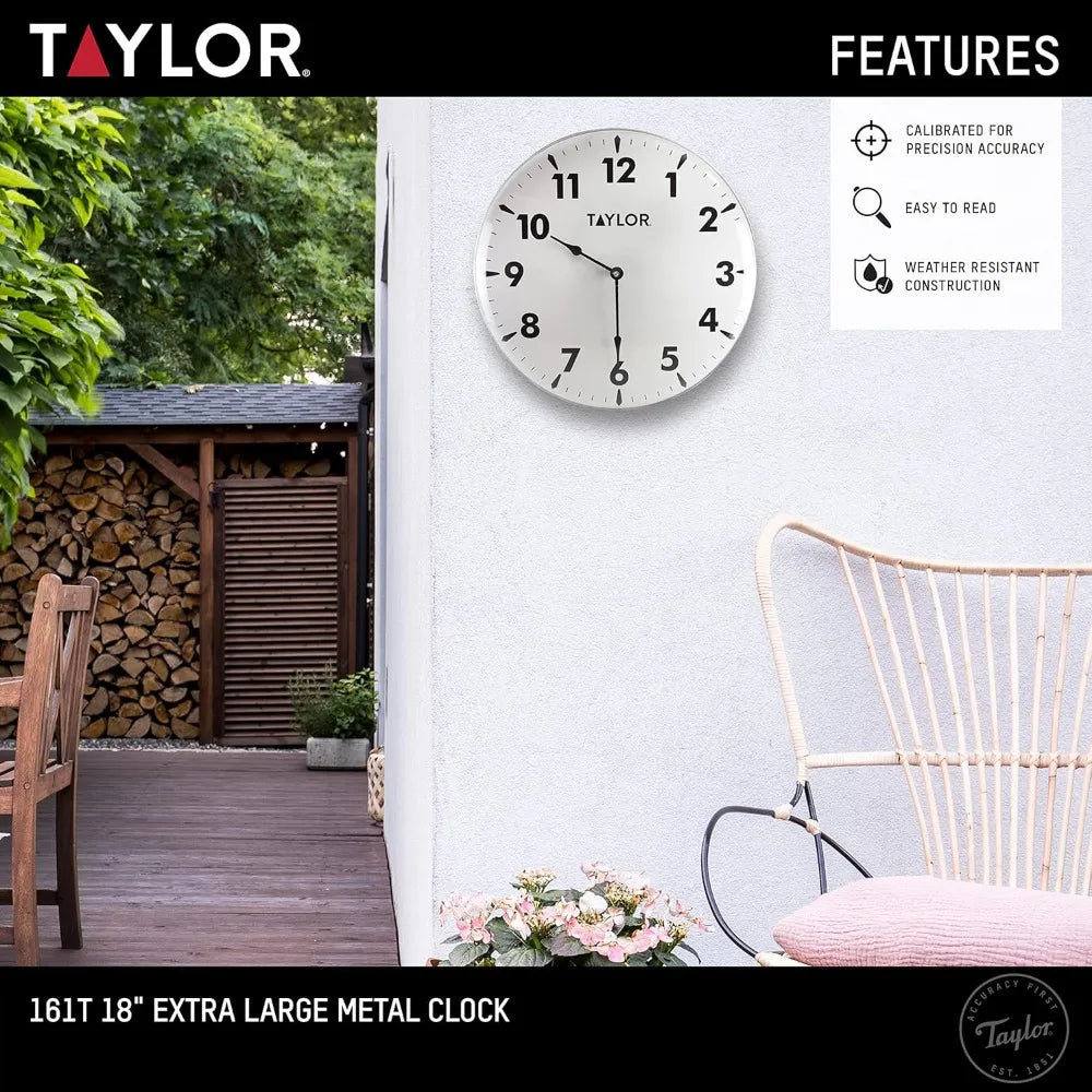 Indoor Outdoor Metal Wall Clock With Thermometer And Large Numbers