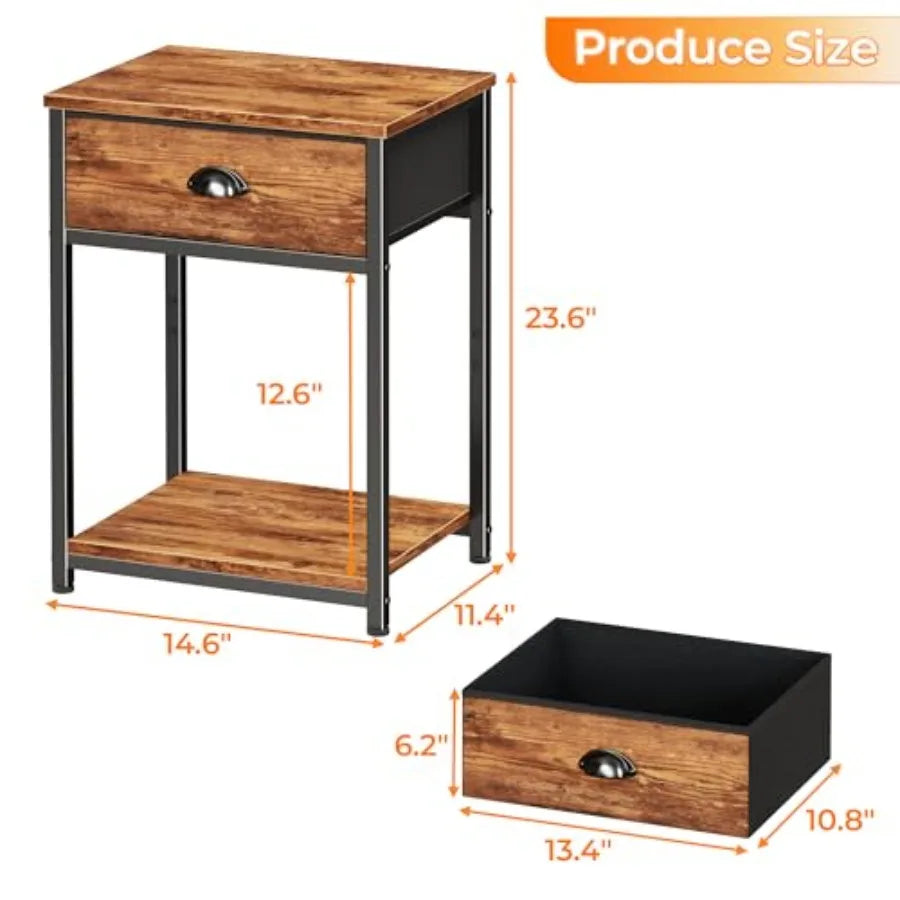 Retro Nightstand Set With Fabric Drawer And Storage Shelf