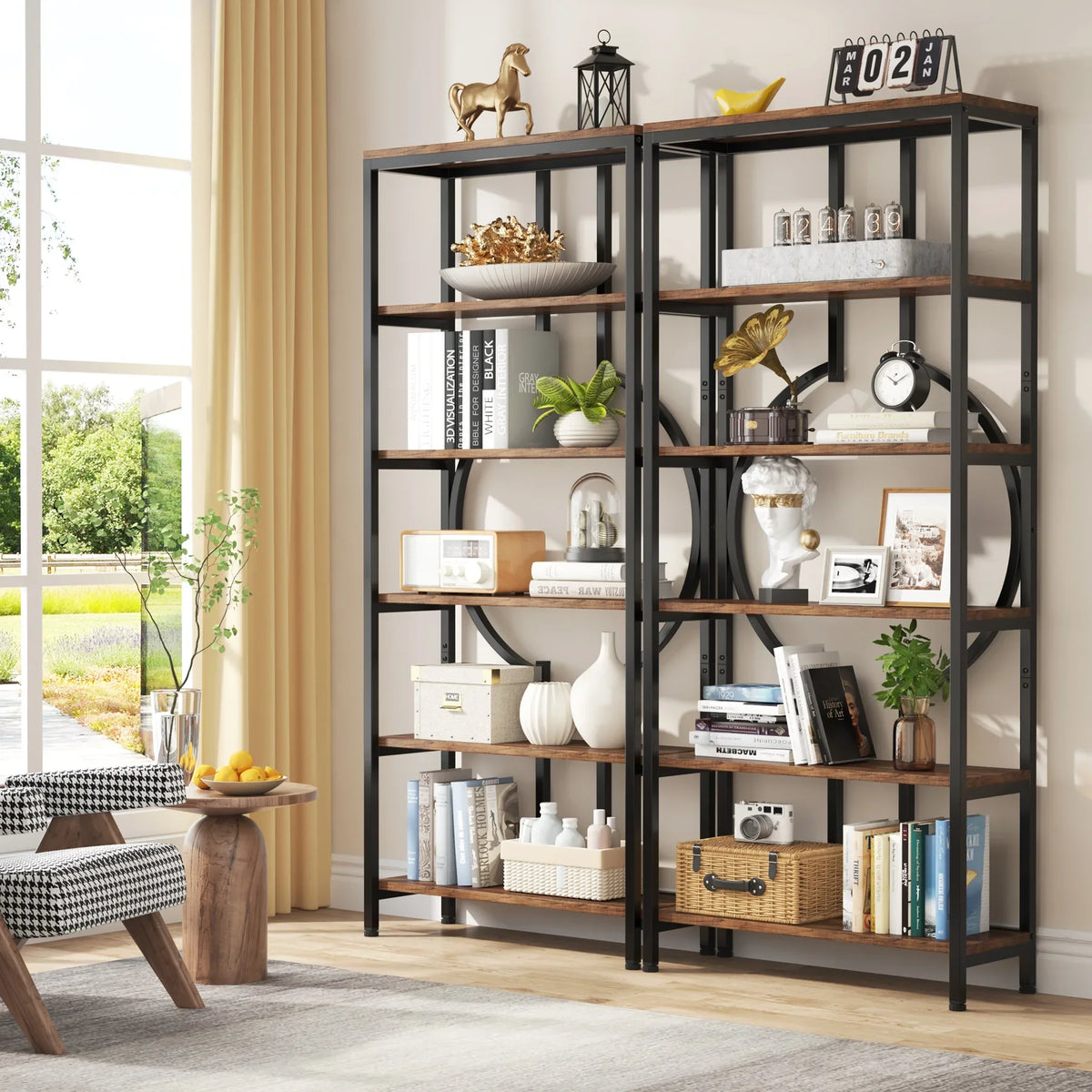 Tribesigns Industrial Bookshelf Open Shelves Metal Wood Storage Cabinet