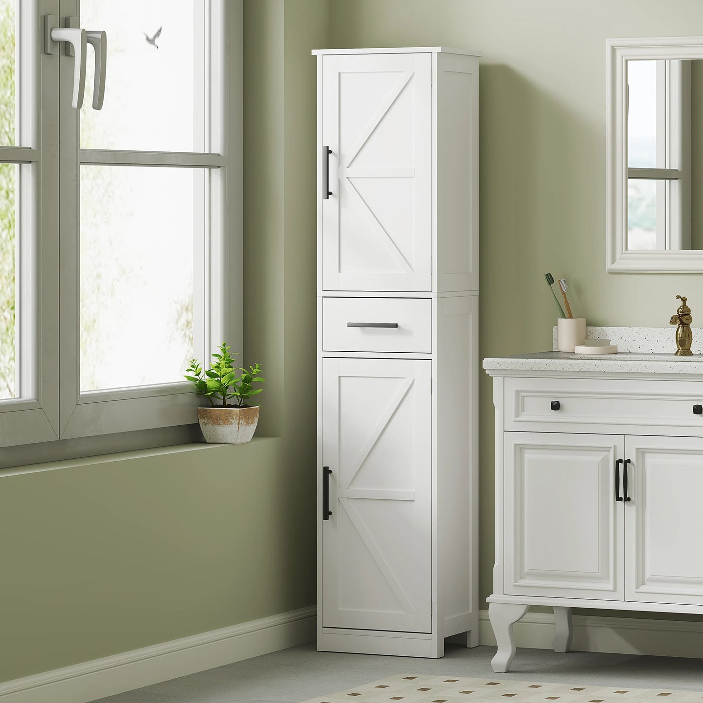 HOMCOM Farmhouse Narrow Bathroom Cabinet With Drawer And Barn Doors
