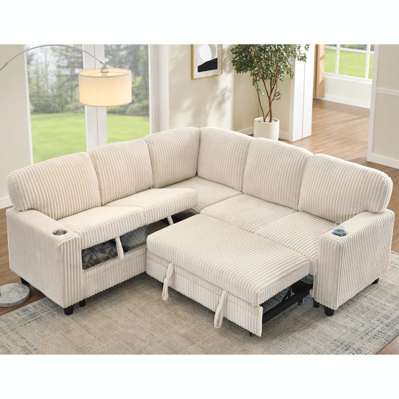 L Shaped Sectional Sofa Bed With USB Charging And Storage