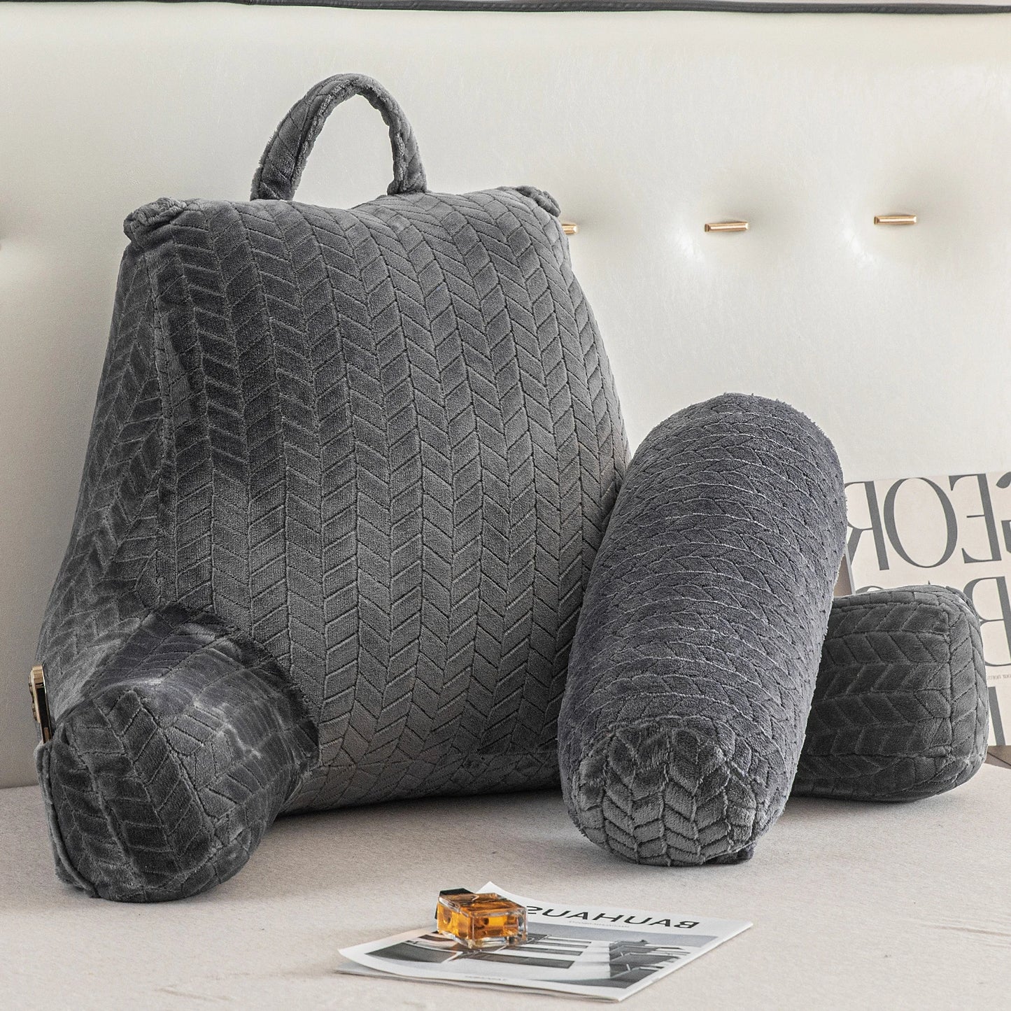 Bed Rest Reading Pillow With Arms For Backrest Support And Neck Roll