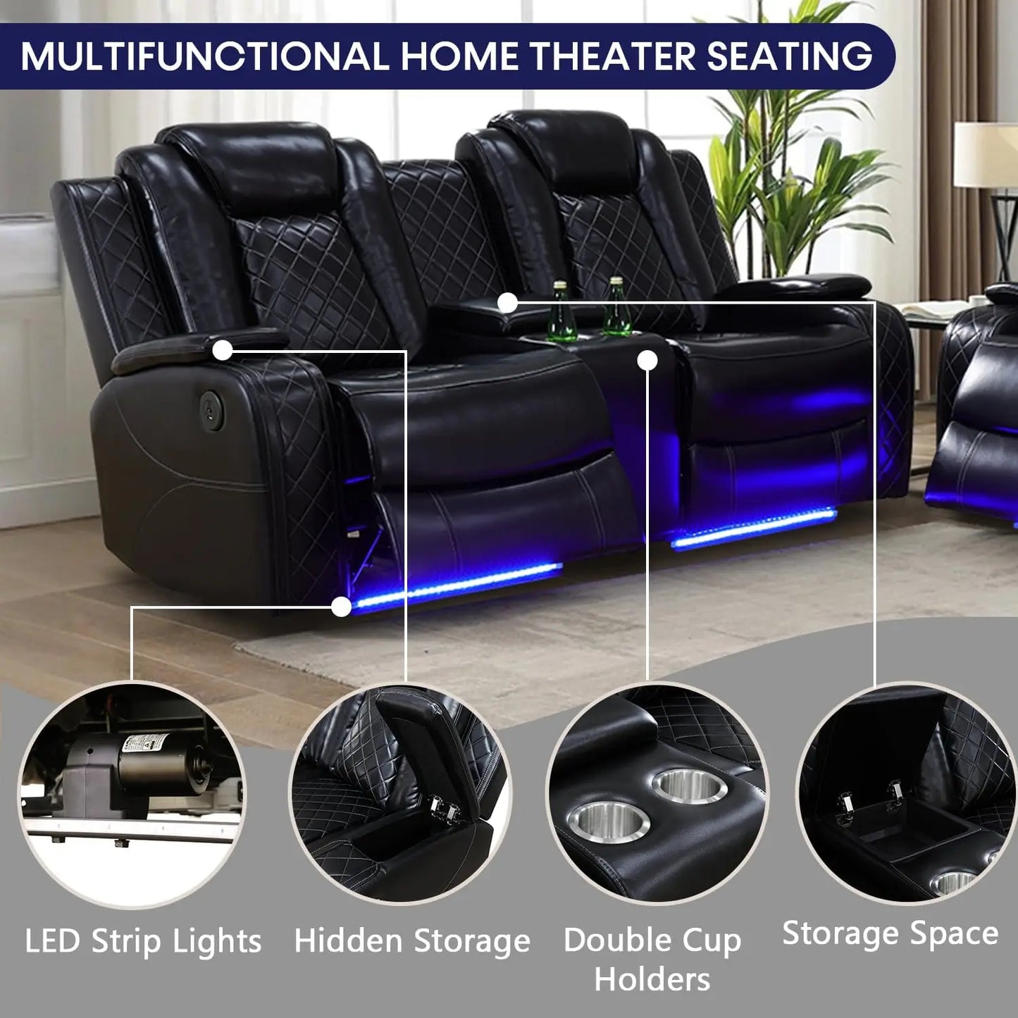 Faux Leather Power Recliner Loveseat With USB Port LED Lights Console
