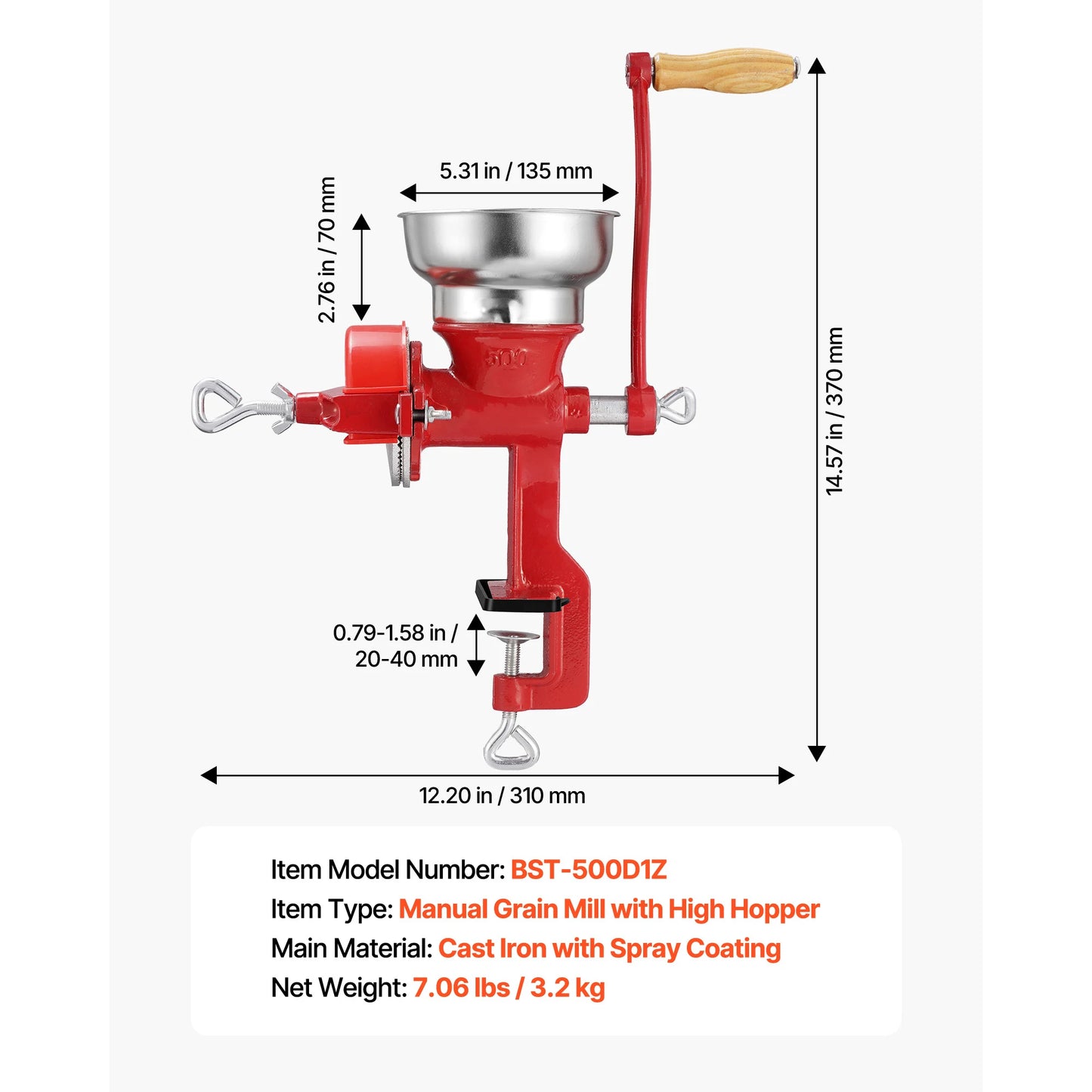 SucceBuy Manual Grain Mill With Low Hopper Hand Crank Clamp