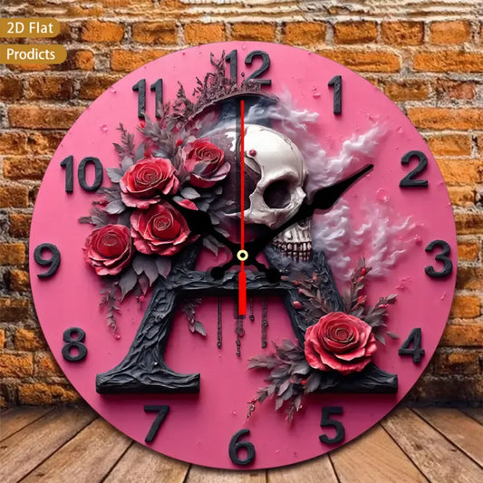 Gothic Skull And Rose Wall Clock Silent Non Ticking