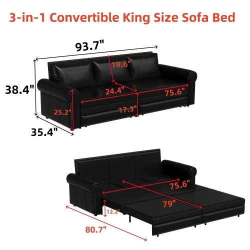 Sofa Bed 3in1 Faux Leather Convertible Sleeper With Nailhead Trim