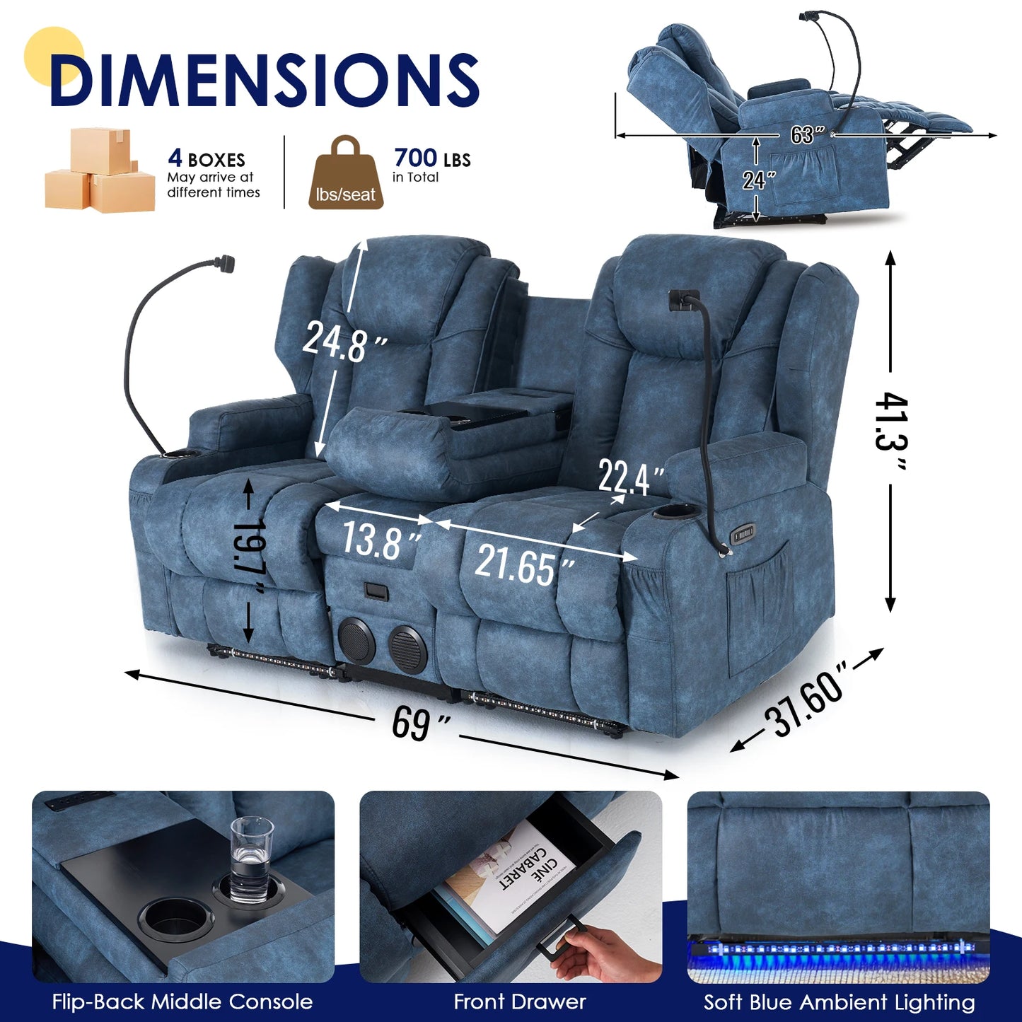 Manual Recliner Sofa With Massage Heating And Bluetooth Console