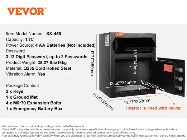 Depository Safe Electronic Code Lock With Drop Slot And Keys