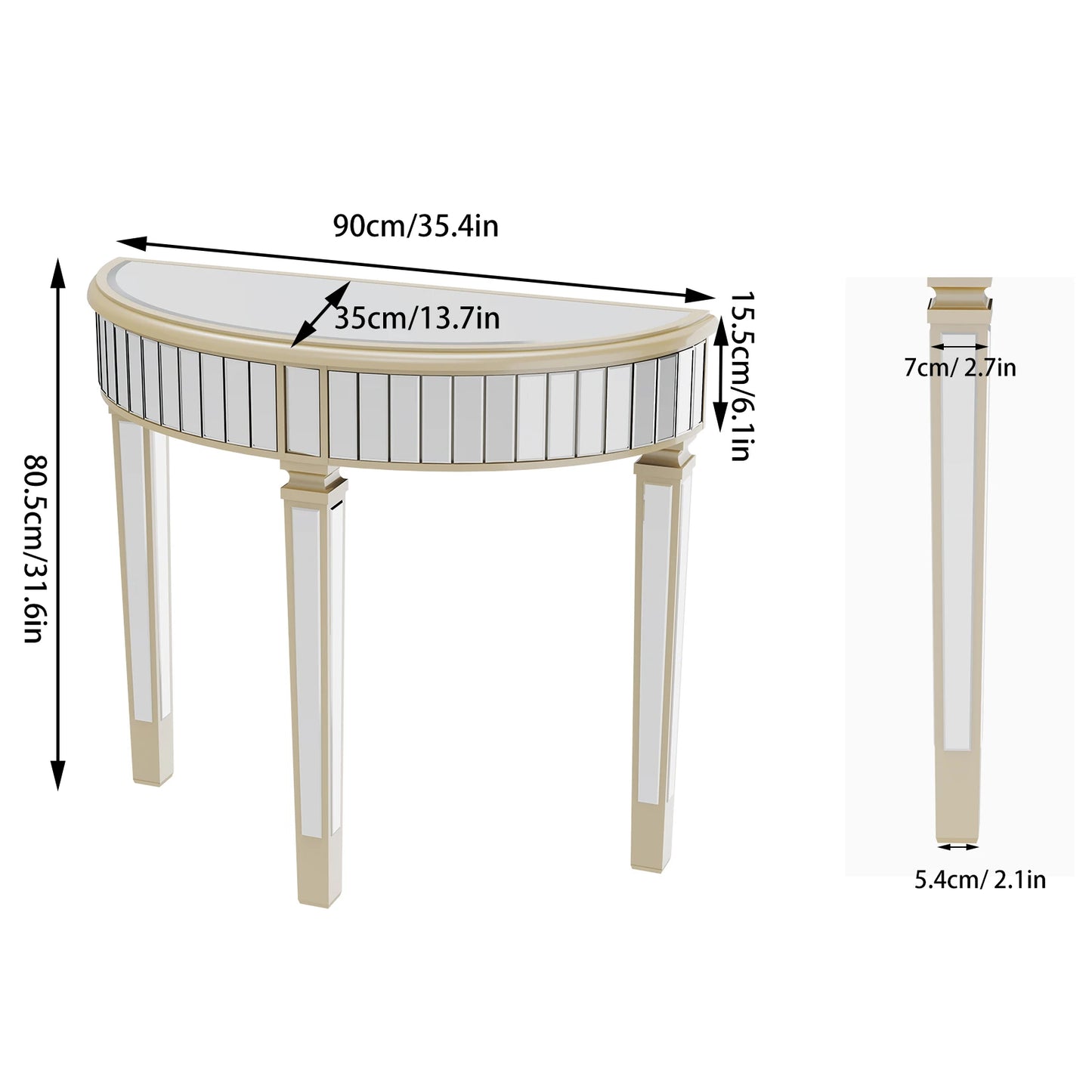 Half Moon Mirrored Console Table Living Room Entryway