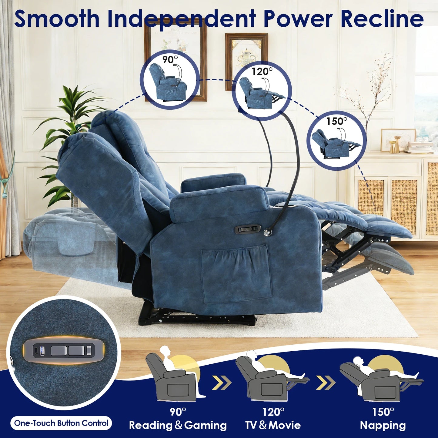 Manual Recliner Sofa With Massage Heating And Bluetooth Console
