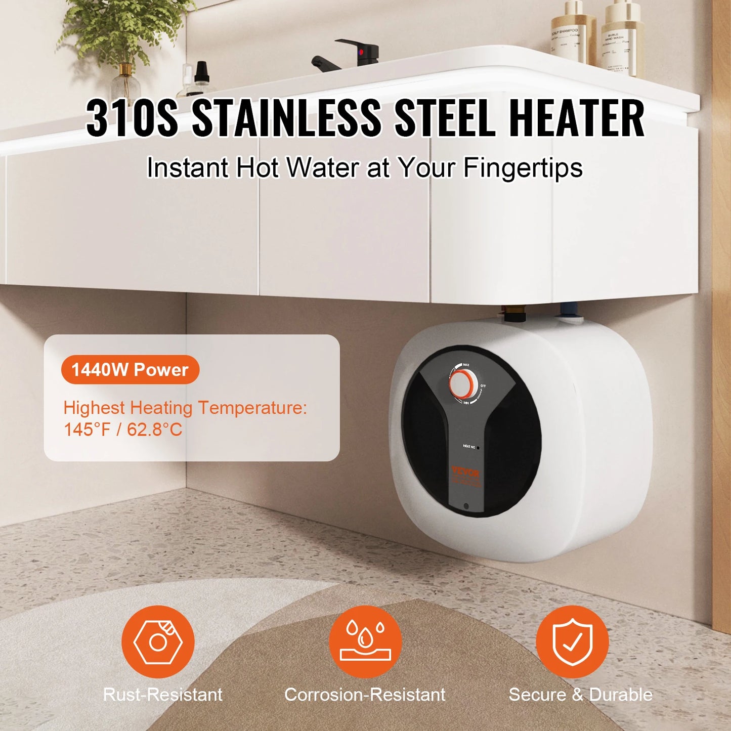 VEVOR Electric Mini Tank Water Heater 1440W For Kitchen