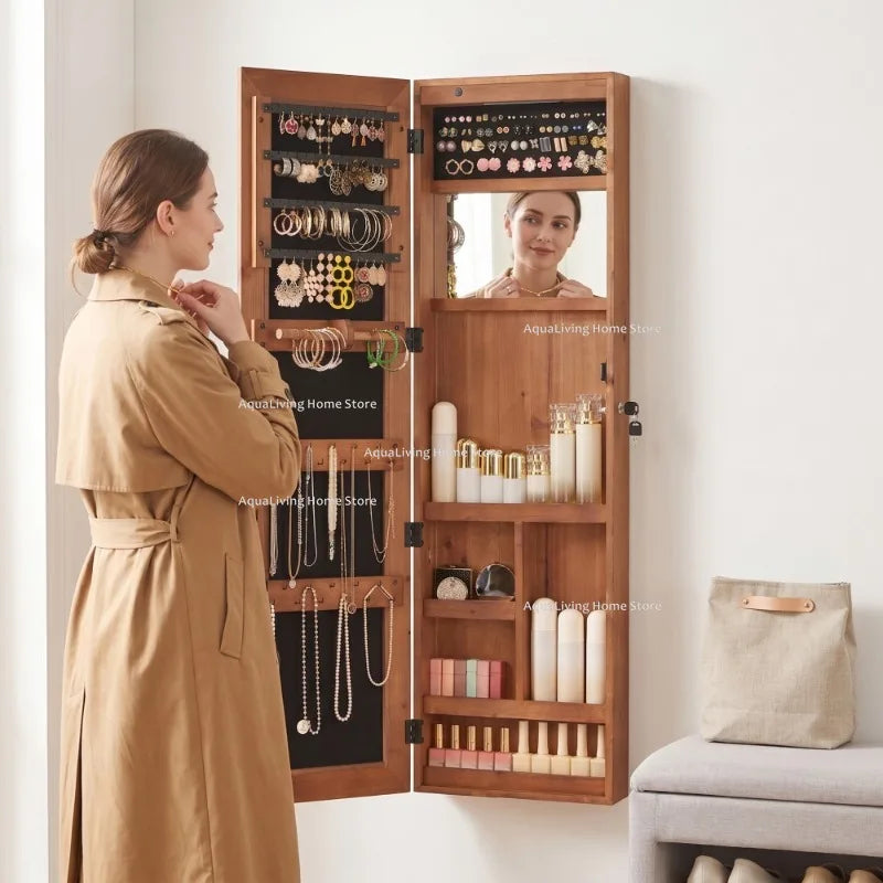 Solid Wood Jewelry Armoire With Full-Length Mirror And LED Lights