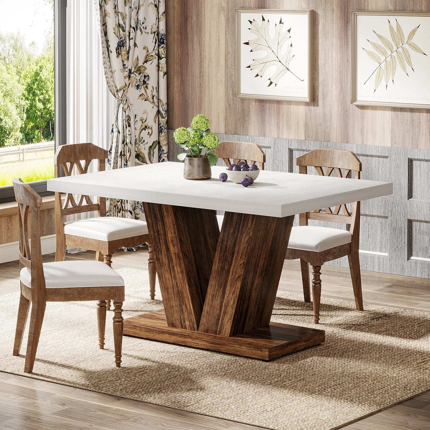 Tribesigns Dining Table Farmhouse Wood Pedestal For 4 To 6