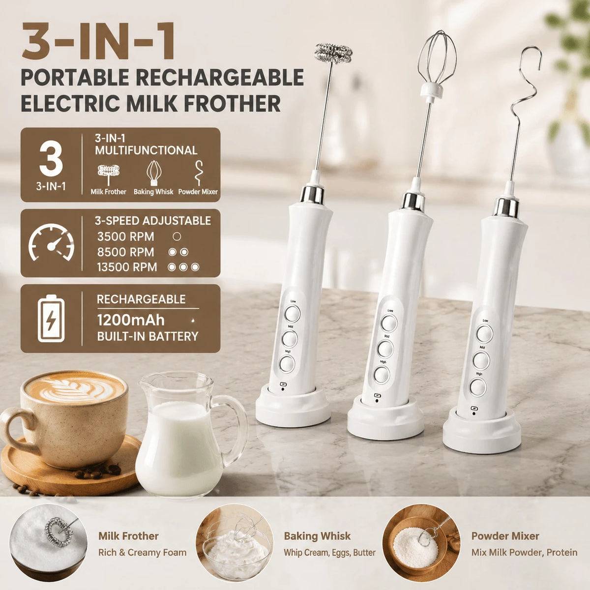 Stonego Rechargeable Handheld Milk Frother With Three Speed Settings
