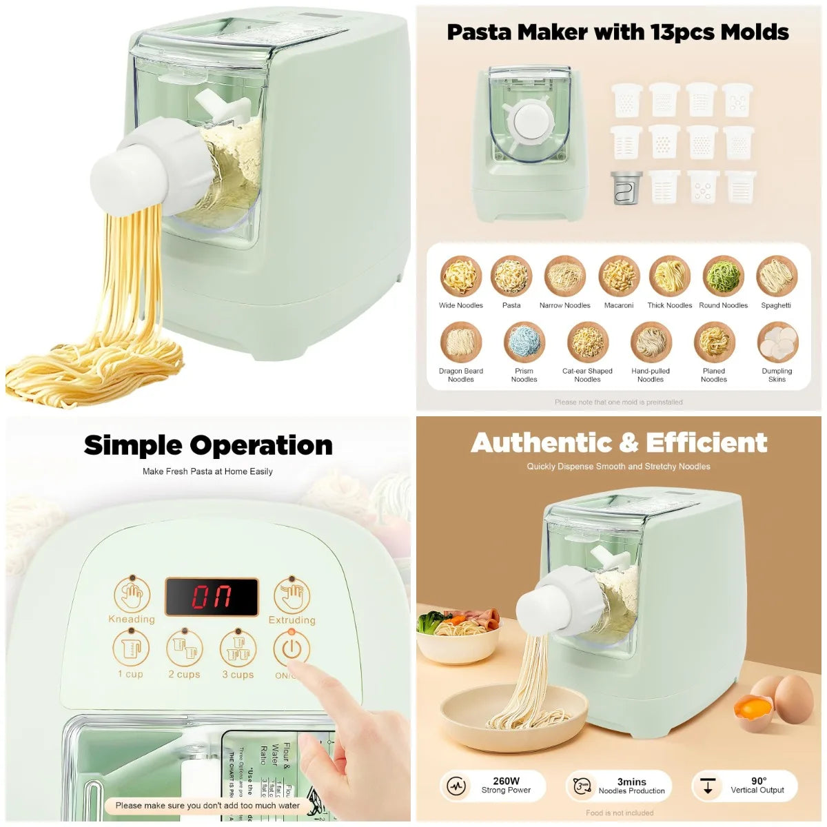 XMSJ Electric Pasta Maker 260W Automatic Noodle Machine With 13 Shapes Discs