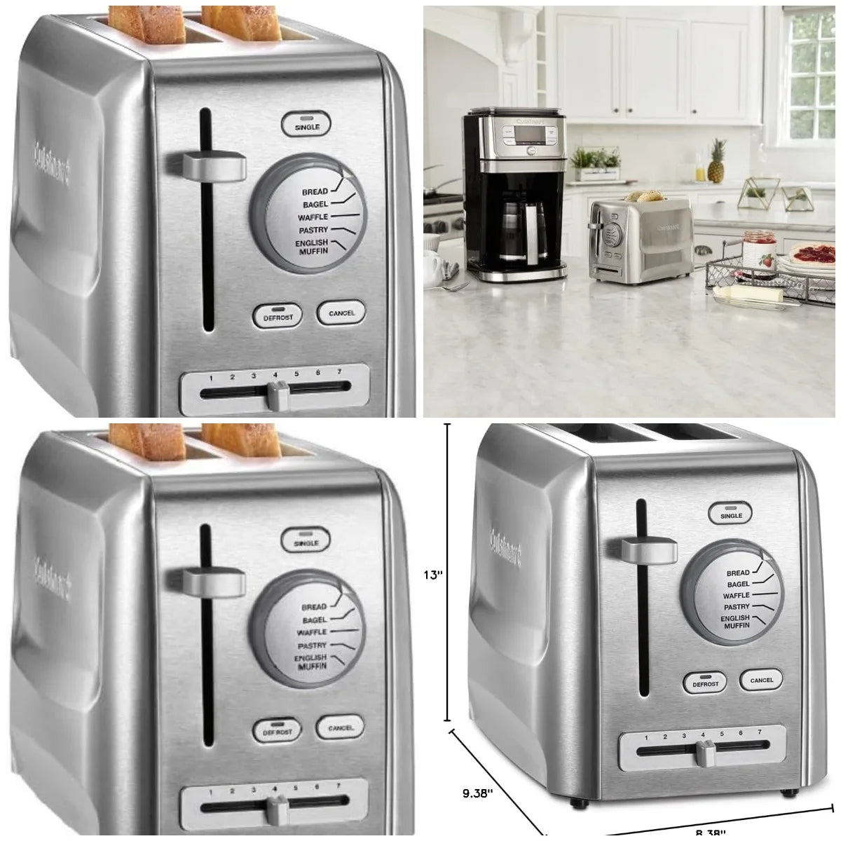 XMSJ 2 Slice Adjustable Stainless Steel Toaster With Crumb Tray Bread Cutter