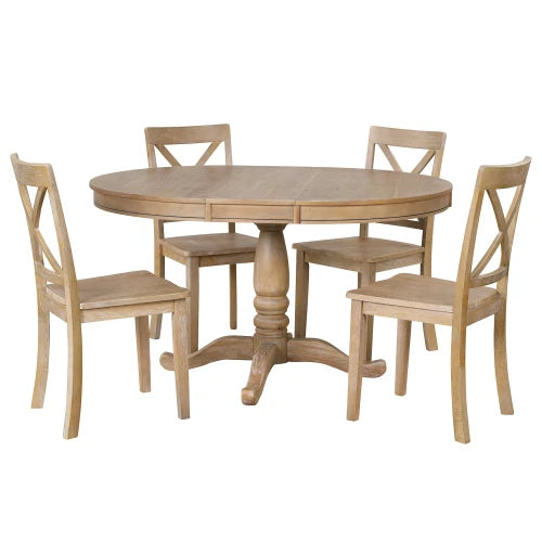 Natural Wood Round Dining Table Set With Four Chairs