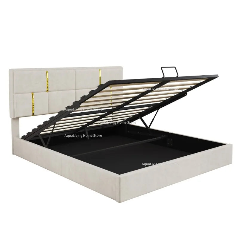 Modern Upholstered Platform Bed Set With Hydraulic Storage Ottoman