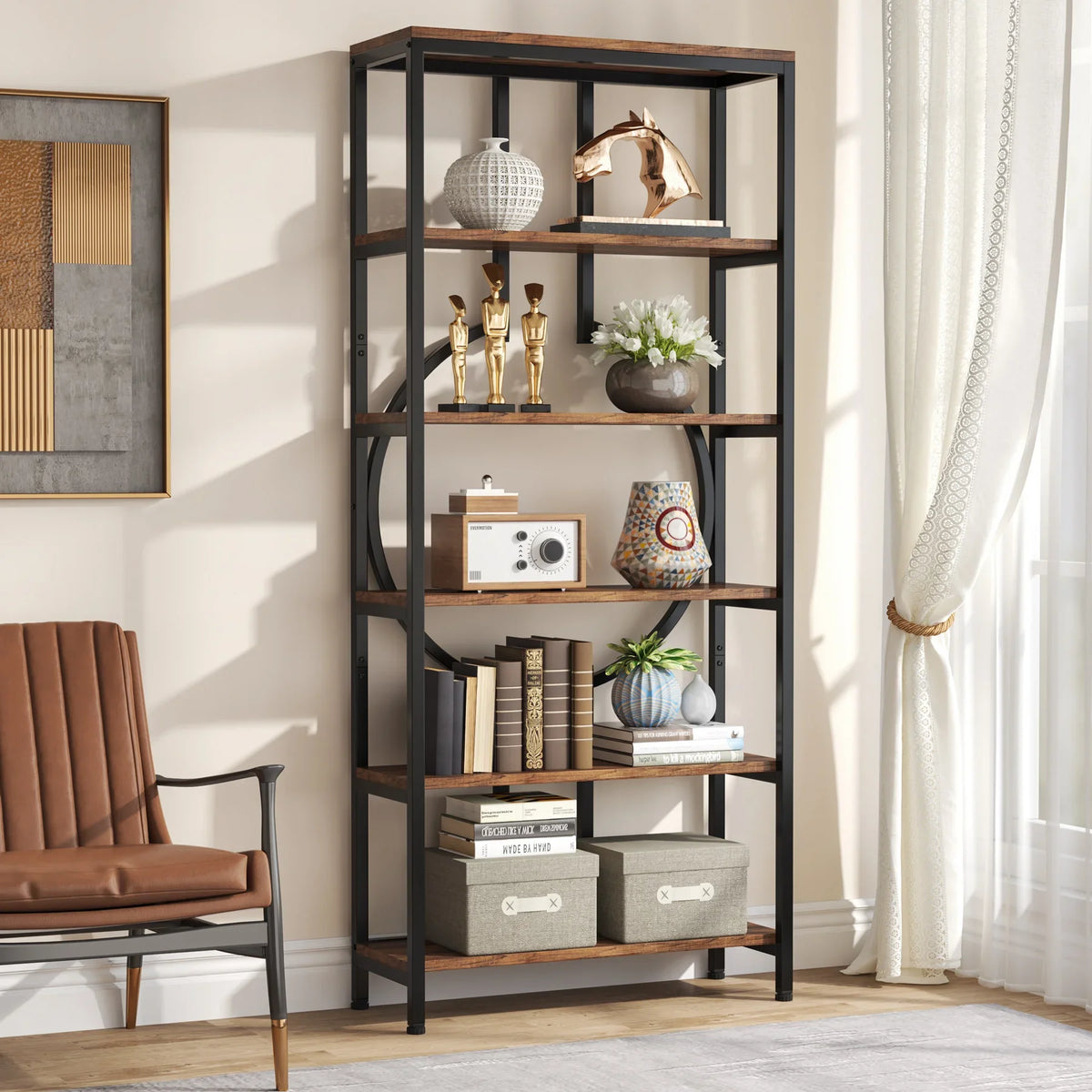 Tribesigns Industrial Bookshelf Open Shelves Metal Wood Storage Cabinet