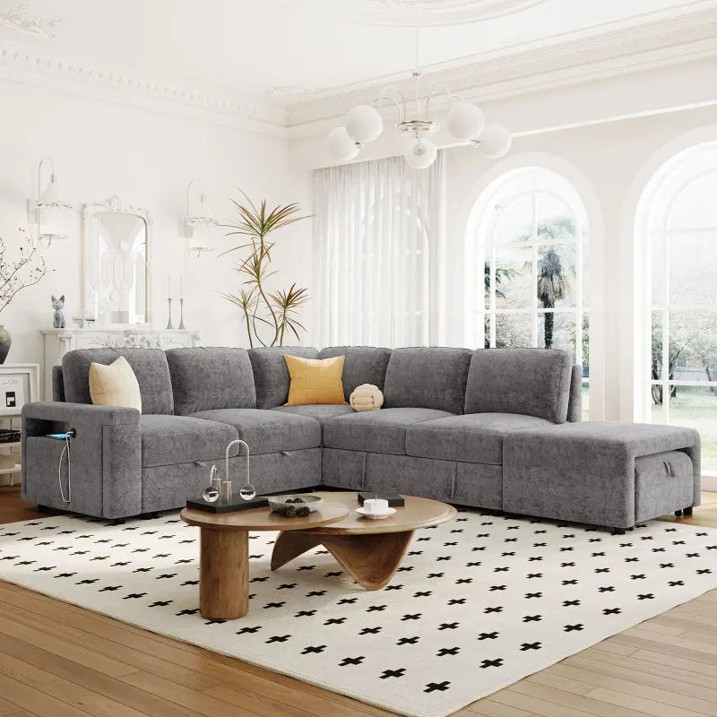 L-Shaped Padded Modular Sofa With Storage USB Ports Cup Holders