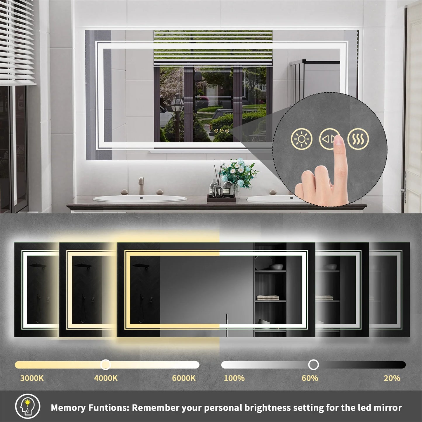LED Backlit Bathroom Mirror Dual Lights AntiFog Memory Touch Button