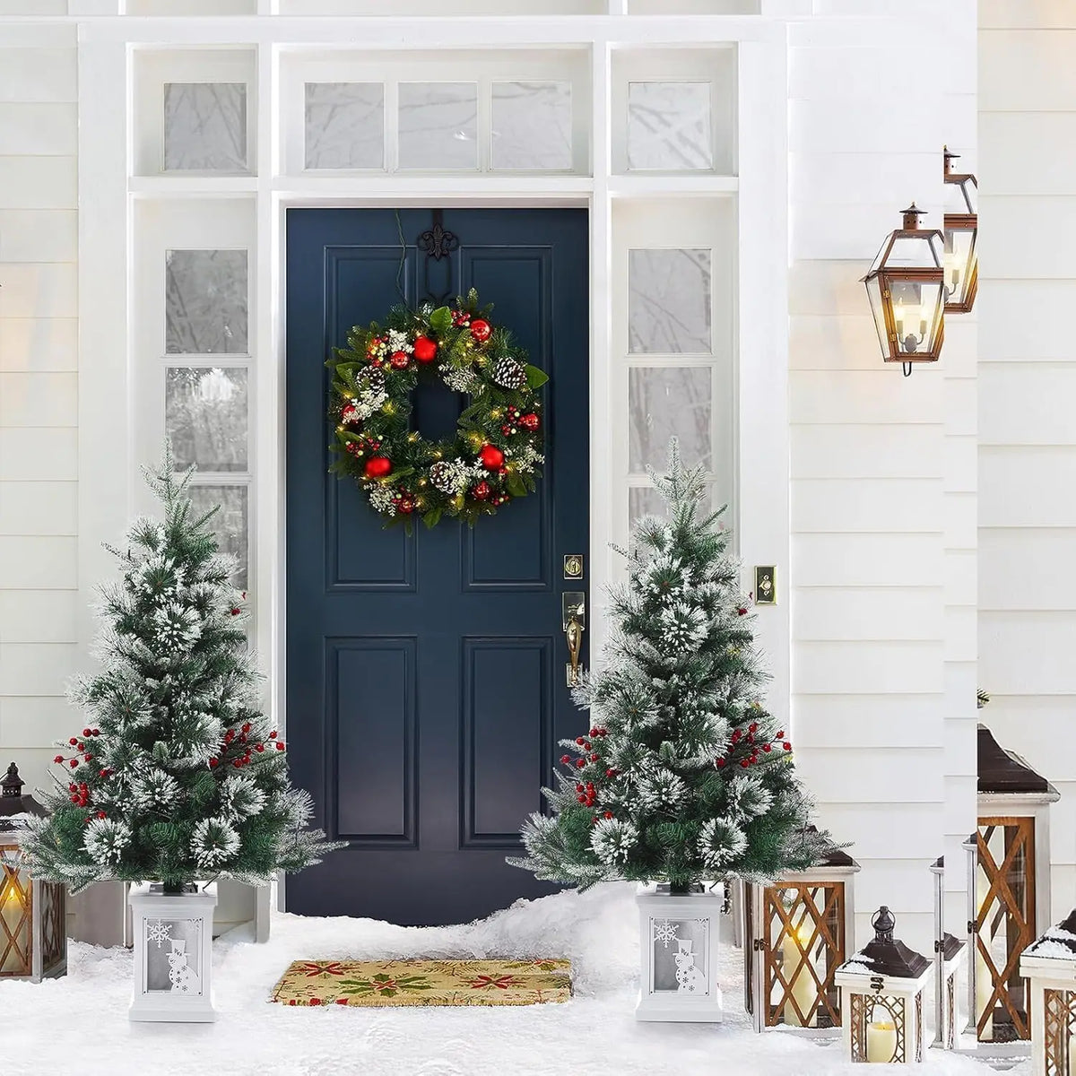HiMISS Two Piece Prelit Flocked Christmas Trees With Potted Bases