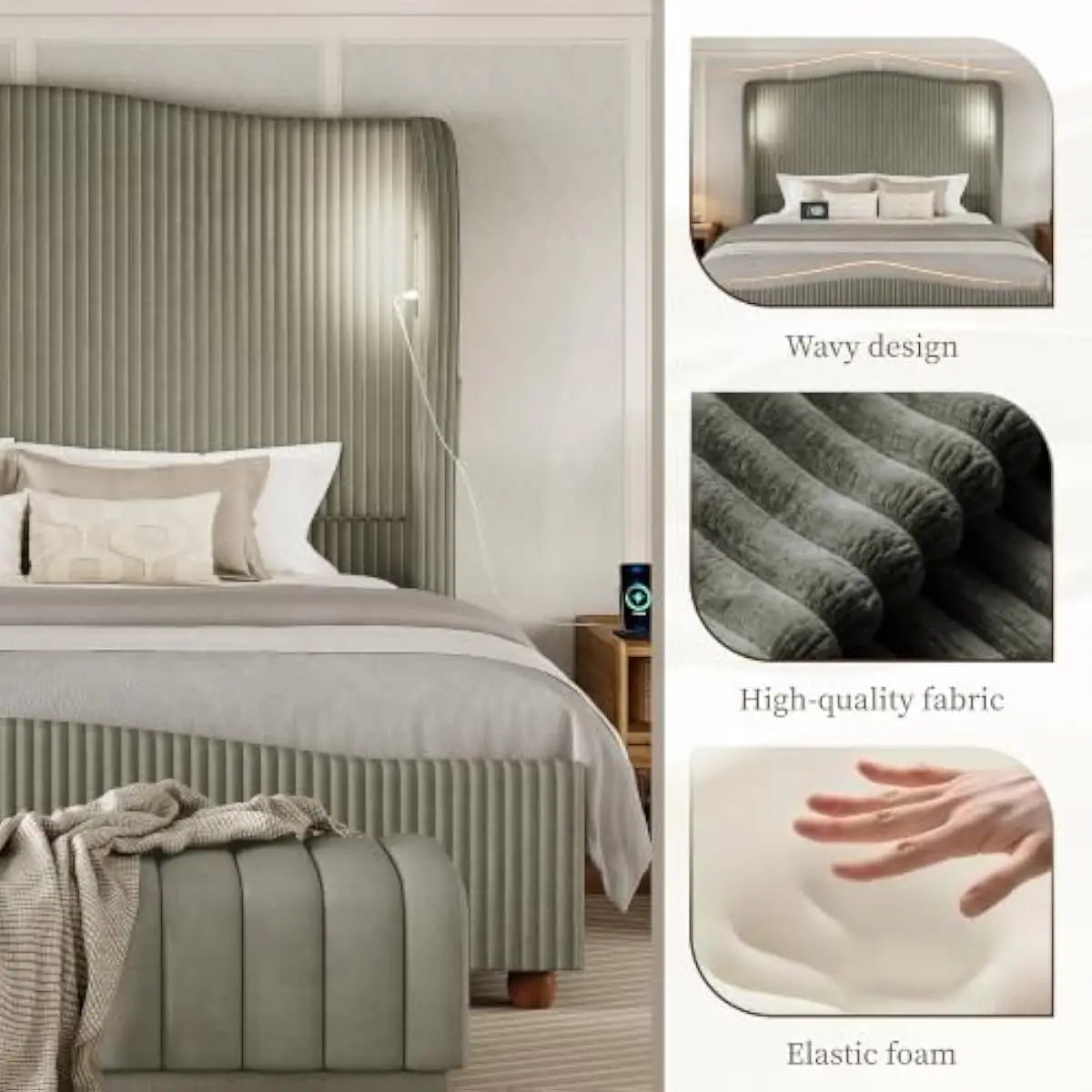 Upholstered Bed With Tall Wingback Headboard, LED Lighting And Storage