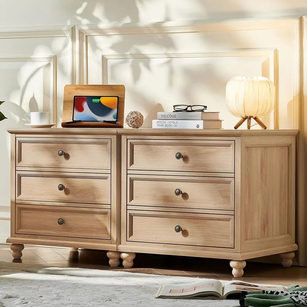 Farmhouse Nightstand Set of 2 with Three Drawers Metal Handles