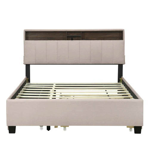 Upholstered Platform Bed With Storage Headboard And USB Ports