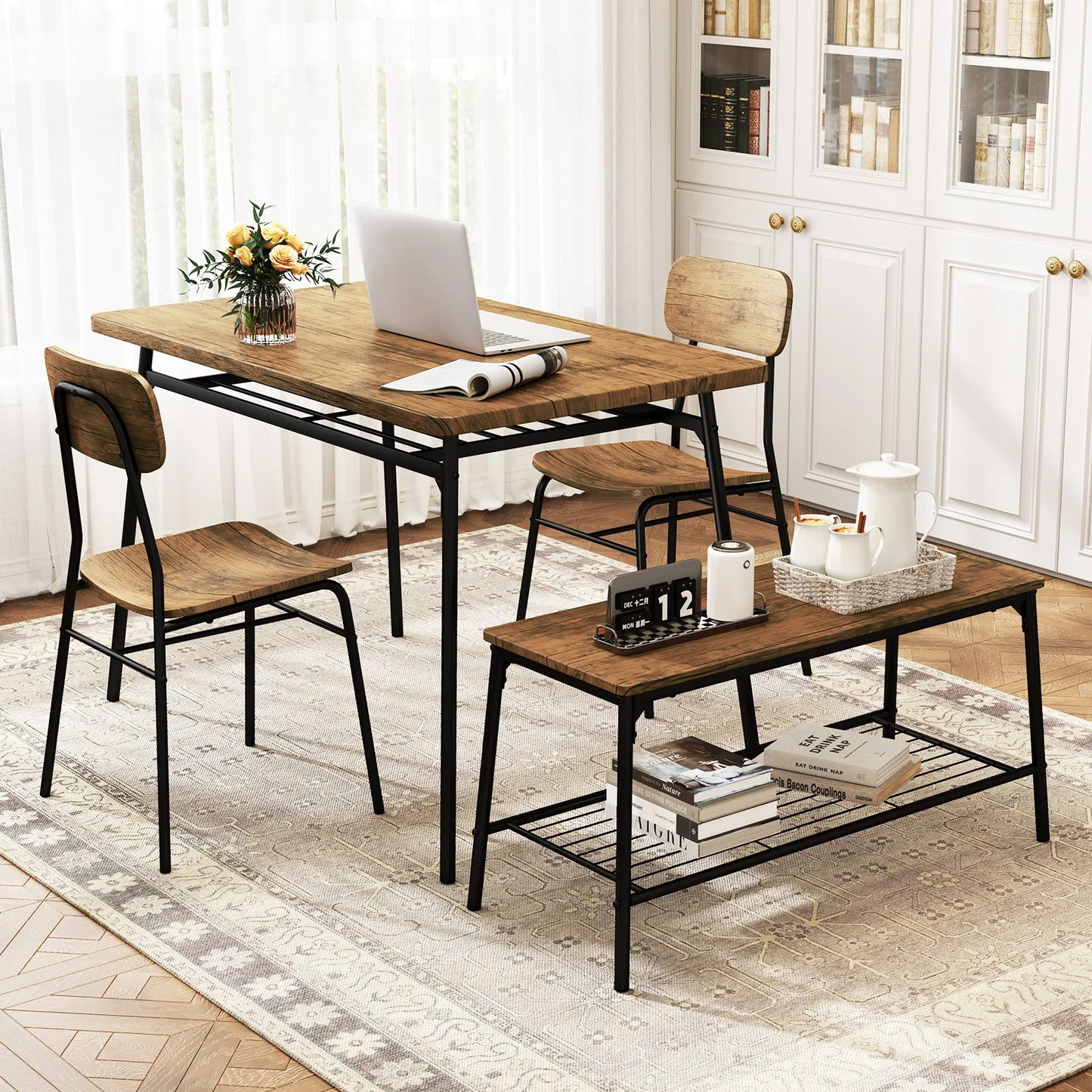 HOMASIS 4 Piece Dining Table Set Bench And Two Chairs