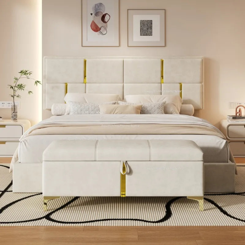 Modern Upholstered Platform Bed Set With Hydraulic Storage Ottoman