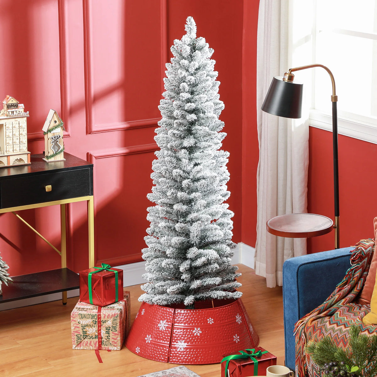HOMCOM Artificial Snow Flocked Pencil Christmas Tree