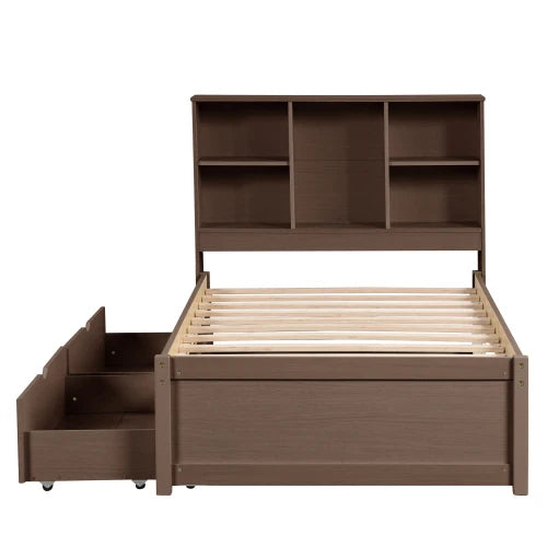 Bed Frame With USB Port On Bookcase Headboard And Drawers