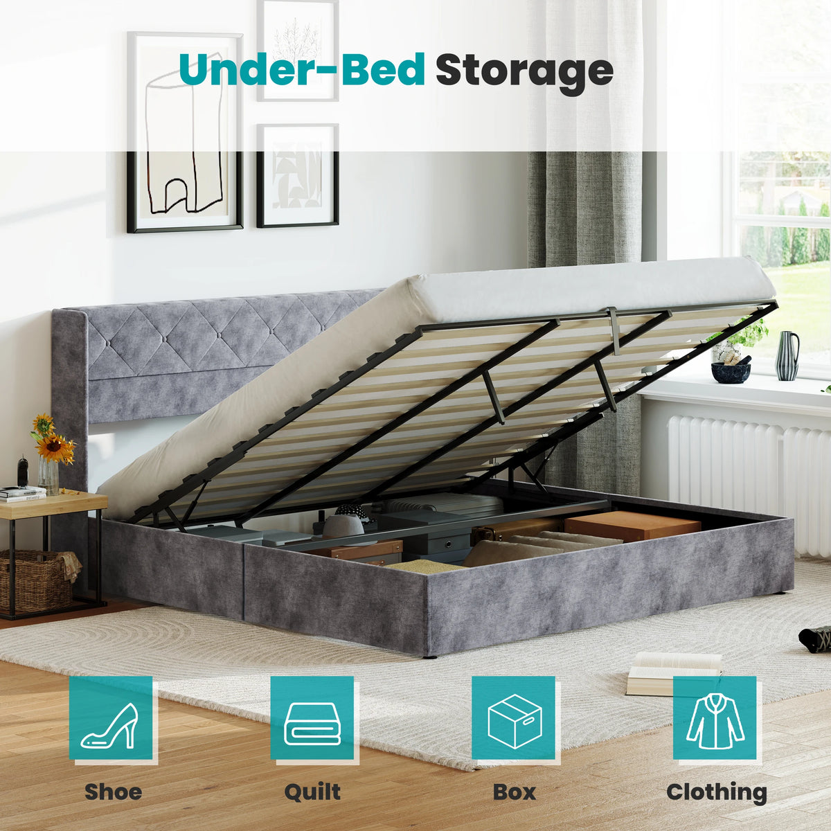 MCQ Lift Up Storage Bed Frame With Wingback Upholstered Headboard